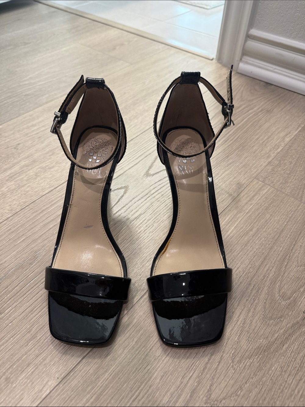 Vince Camuto Black Patent Ankle-Strap Heeled Sandals